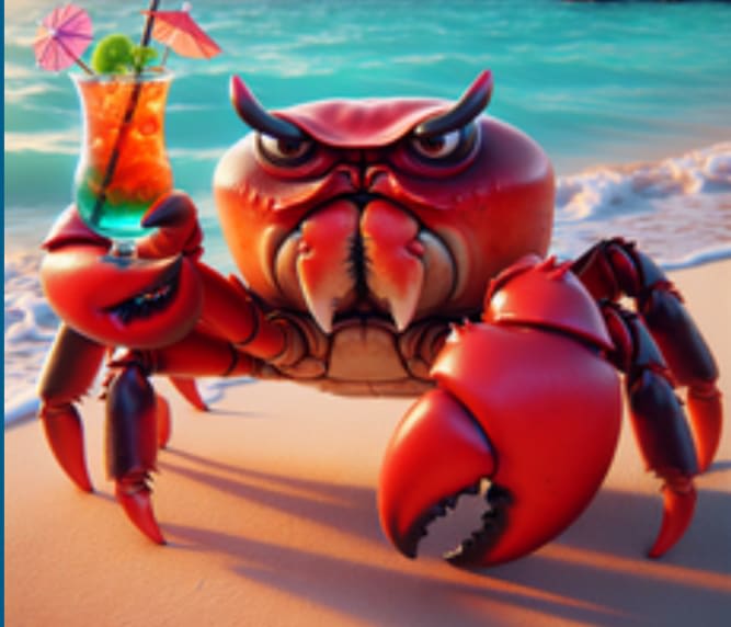 Cape Cod Buzz artwork: a red crab holding a tropical drink on the beach