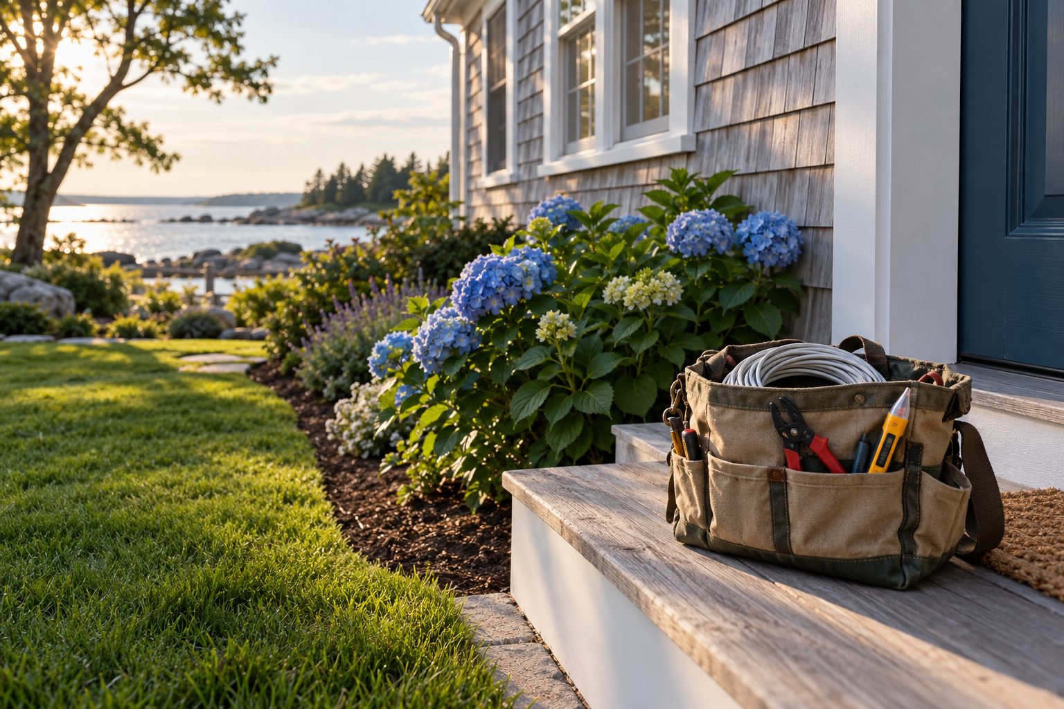 A tidy Cape Cod–style shingled house with hydrangeas, a fresh lawn and an electrician’s tool bag on the step
